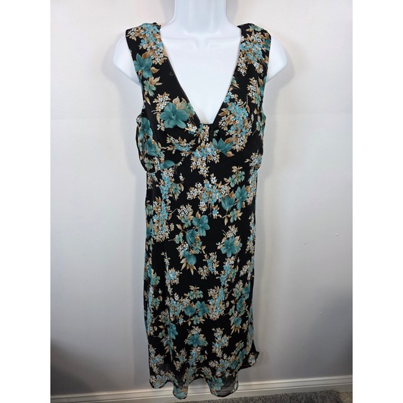 Connected Apparel Black Floral Print V Neck Midi Dress Women's Size 6 /A100 - Picture 1 of 9
